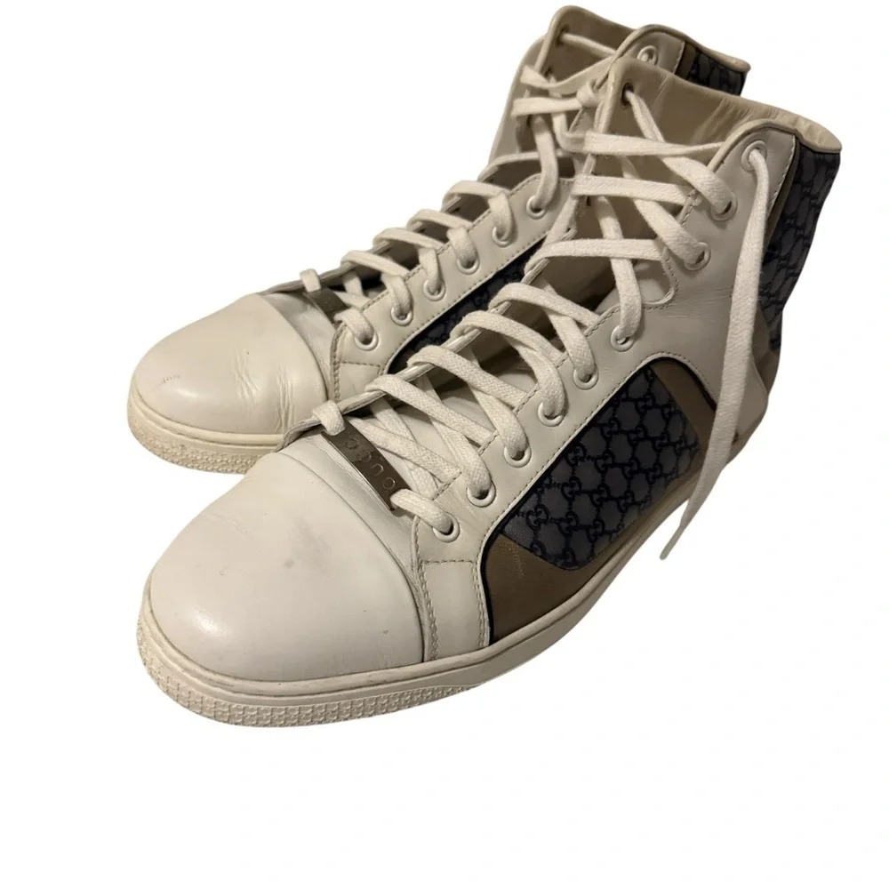 Gucci classic leather Gucciissima hi-top sneakers. Silver and metallic colors